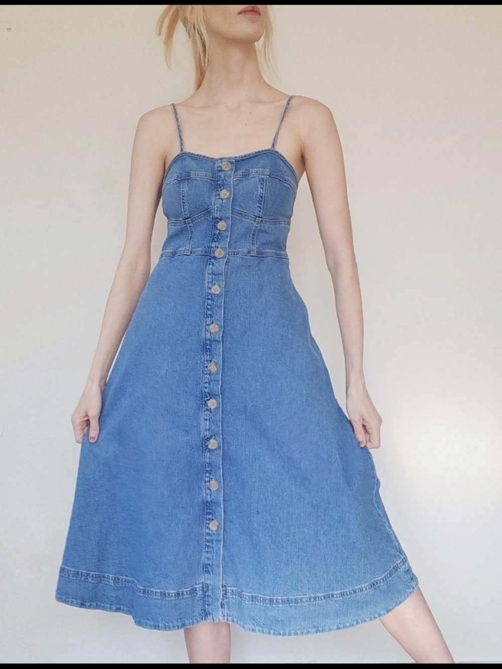 Blue Denim Button-Front Midi Dress with Thin Straps